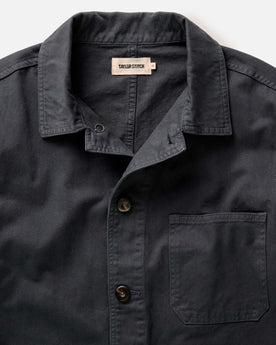 material shot of the collar on The Ojai Jacket in Organic Navy Foundation Twill, Outerwear by Taylor Stitch