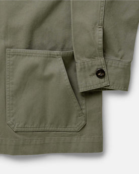 material shot of the pocket on The Ojai Jacket in Organic Smoked Olive Foundation Twill, Outerwear by Taylor Stitch