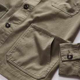 material shot of the pocket on The Ojai Jacket in Organic Smoked Olive Foundation Twill