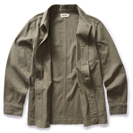 flatlay of the The Ojai Jacket in Organic Smoked Olive Foundation Twill open