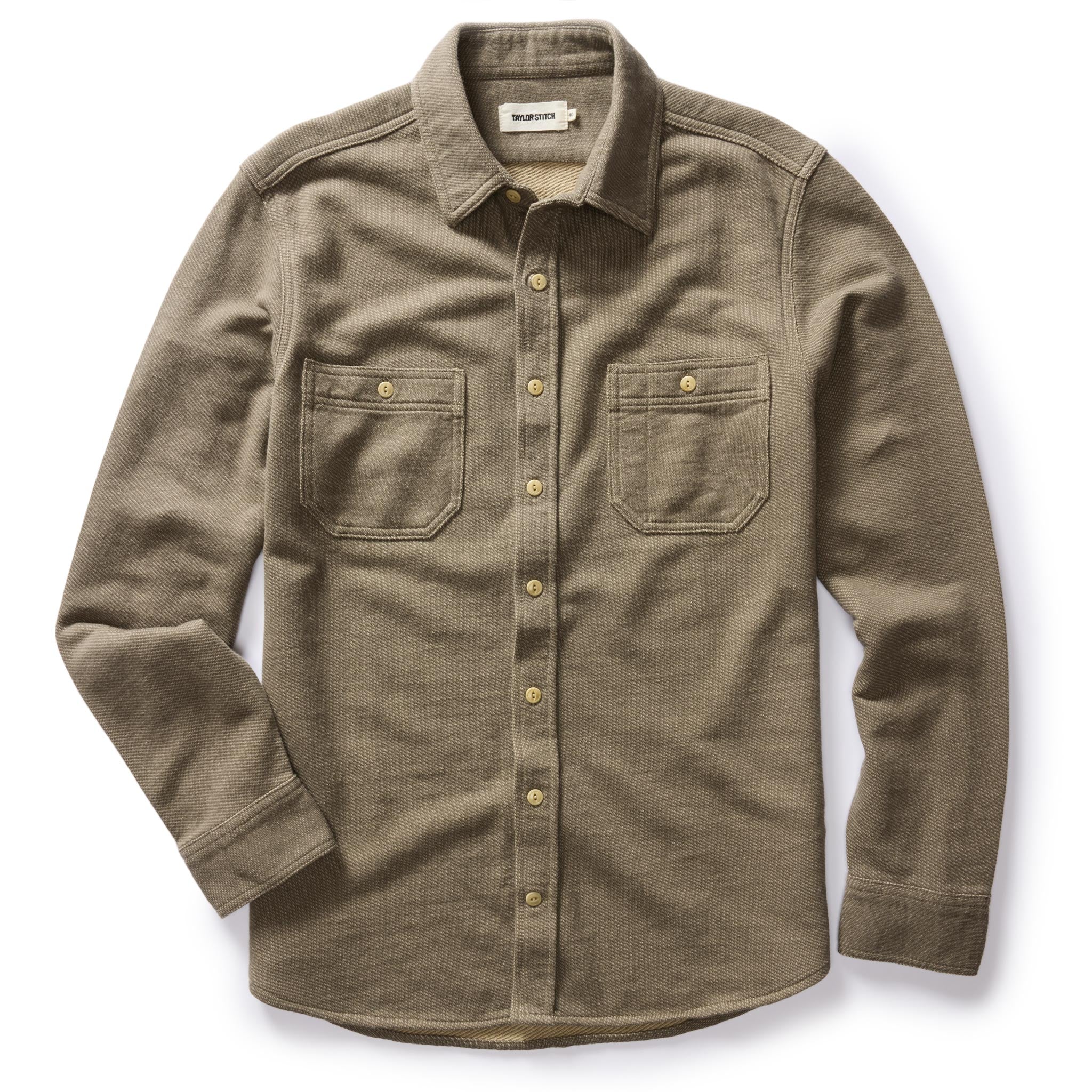 flatlay of The Utility Shirt in Fatigue Olive French Terry Twill Knit, Knits by Taylor Stitch