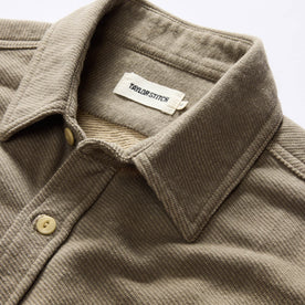 material shot of the collar on The Utility Shirt in Fatigue Olive French Terry Twill Knit