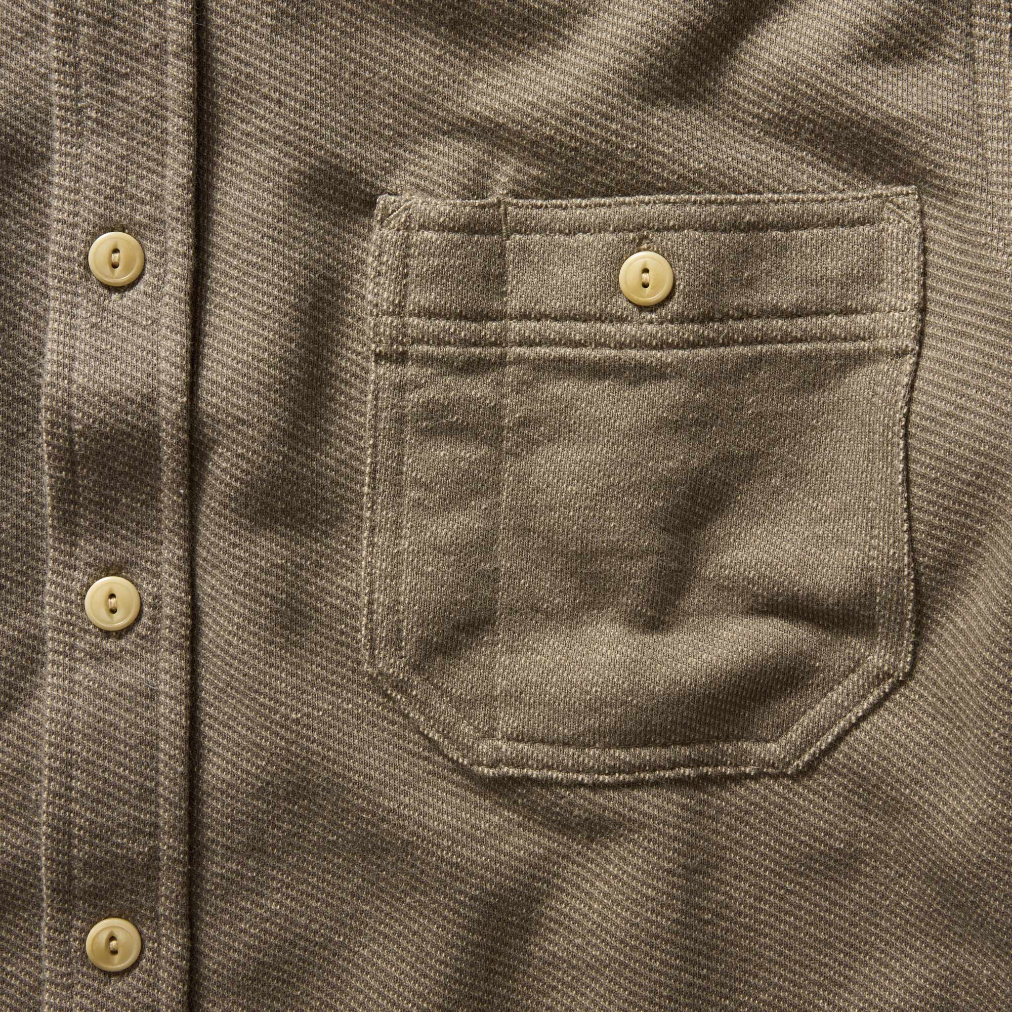 material shot of the pockets on The Utility Shirt in Fatigue Olive French Terry Twill Knit, Knits by Taylor Stitch