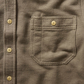 material shot of the pockets on The Utility Shirt in Fatigue Olive French Terry Twill Knit