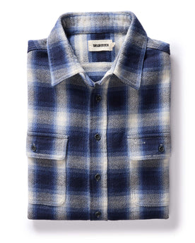 flatlay of The Ledge Shirt in Blue Sky Plaid, Wovens by Taylor Stitch