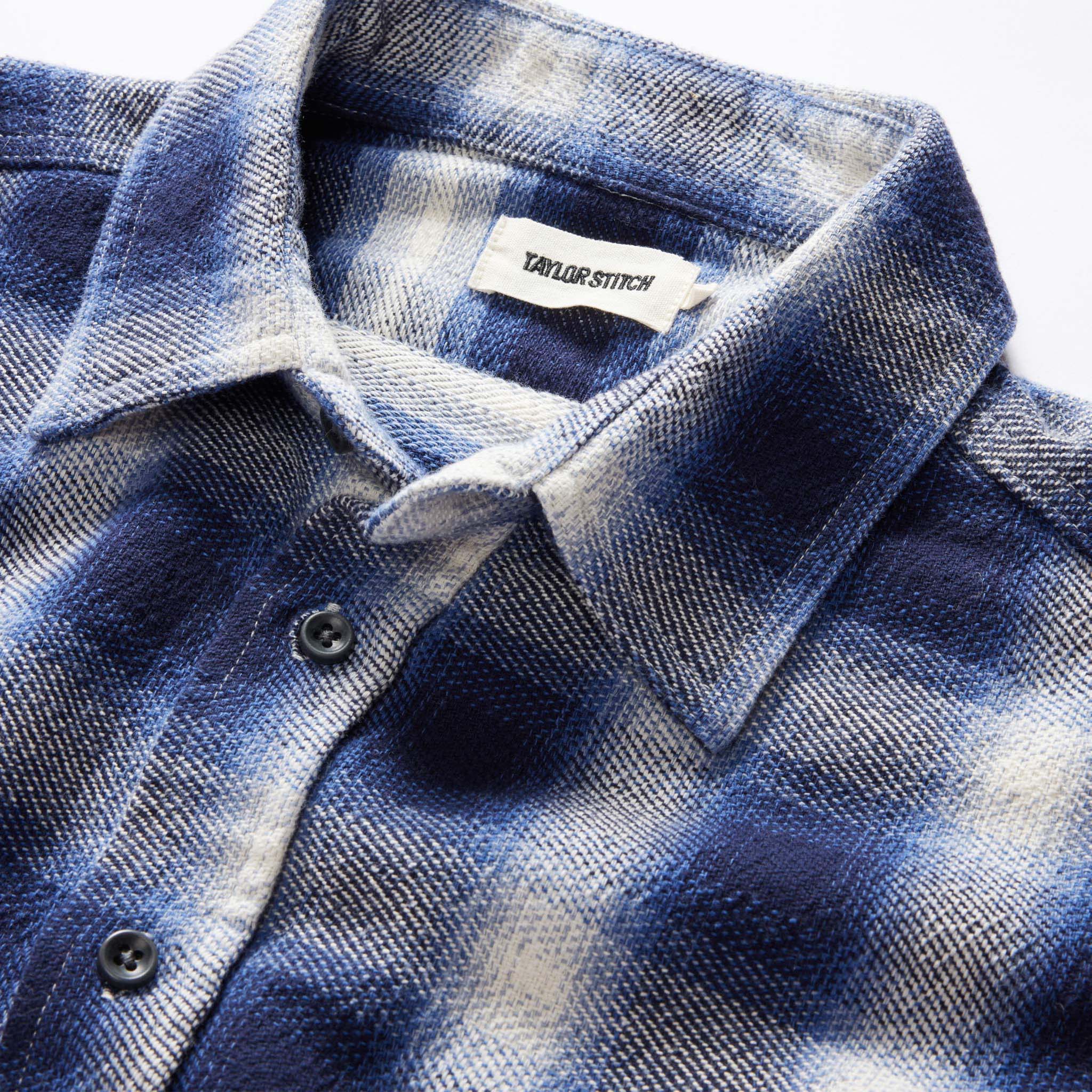 material shot of the collar on The Ledge Shirt in Blue Sky Plaid, Wovens by Taylor Stitch