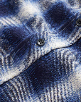 material shot of the buttons on The Ledge Shirt in Blue Sky Plaid, Wovens by Taylor Stitch