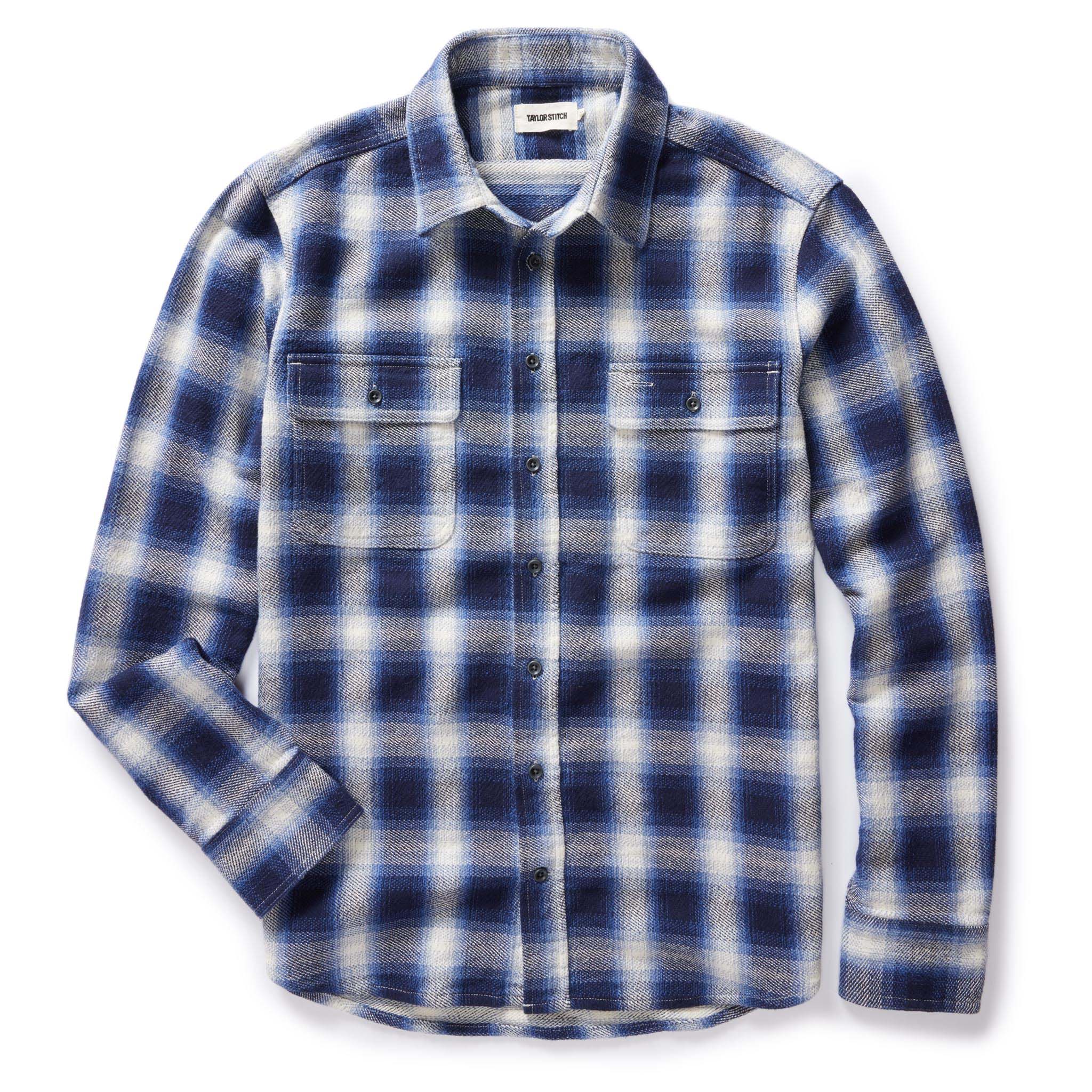 flatlay of The Ledge Shirt in Blue Sky Plaid, shown in full, Wovens by Taylor Stitch