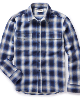 flatlay of The Ledge Shirt in Blue Sky Plaid, shown in full, Wovens by Taylor Stitch