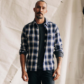 fit model in The Ledge Shirt in Blue Sky Plaid