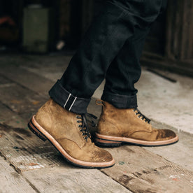 fit model wearing The Trench Boot in Golden Brown Waxed Suede