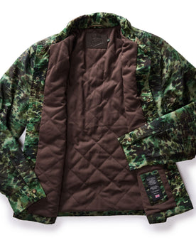 flatlay of The Venture Jacket in Painted Camo Waxed Canvas, shown open, Outerwear by Taylor Stitch