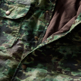 material shot of the snap buttons on The Venture Jacket in Painted Camo Waxed Canvas
