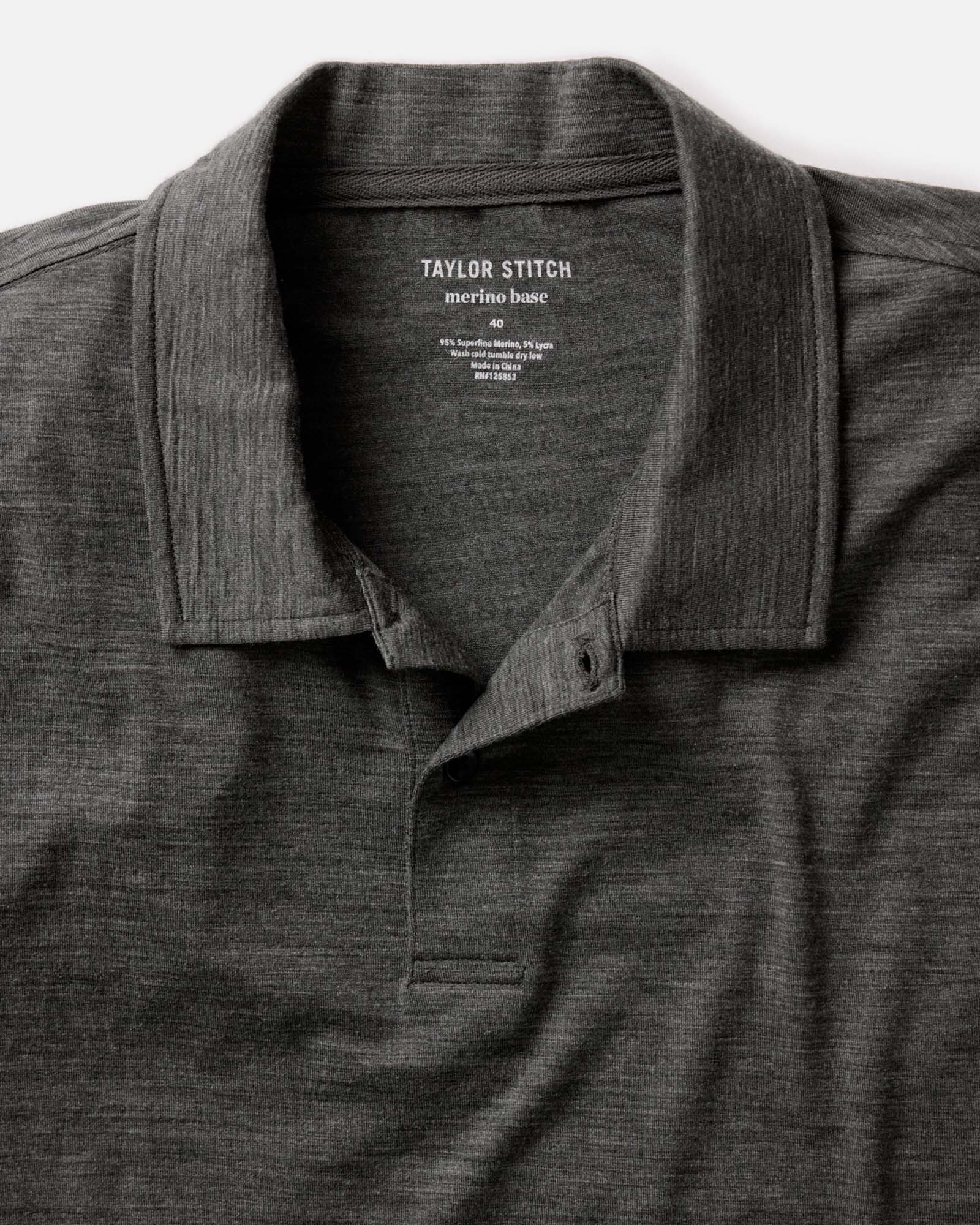 material shot of the collar on The Merino Polo in Heather Army, Knits by Taylor Stitch