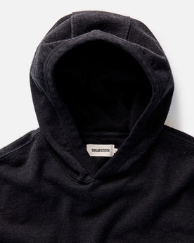 material shot of the hoodie on The Apres Hoodie in Black Indigo Terry, Knits by Taylor Stitch