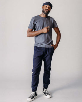 editorial image of The Apres Pant in Rinsed Indigo Sashiko hanging, Bottoms by Taylor Stitch