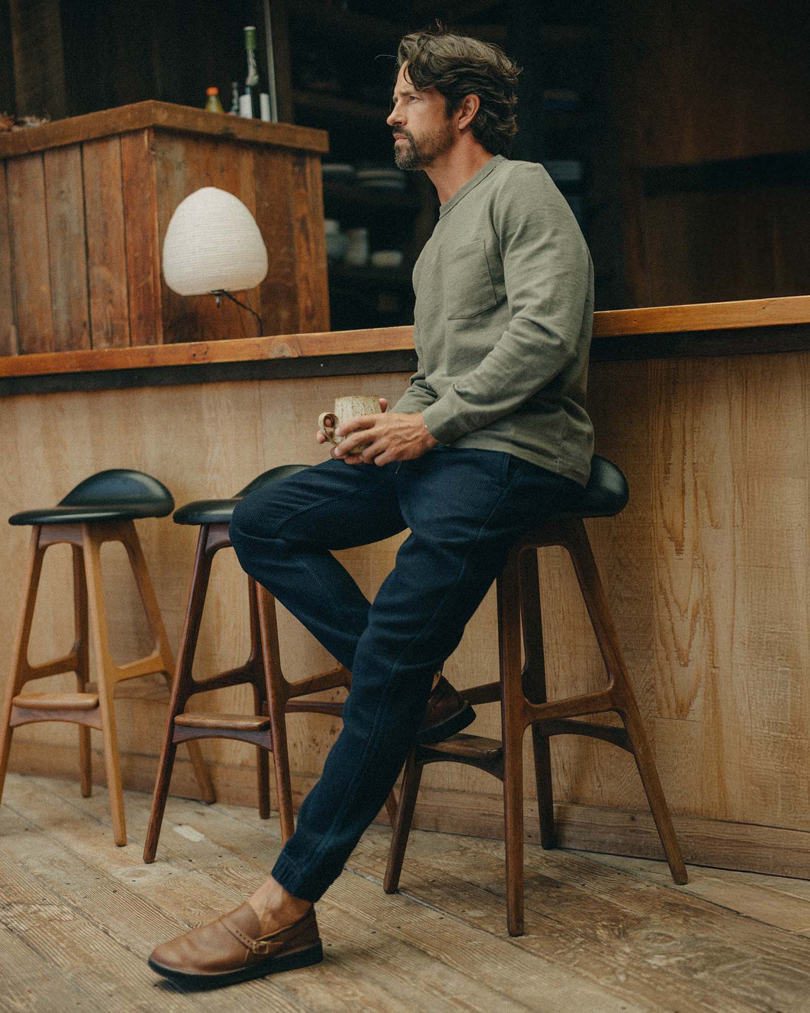 editorial image of the bottom cuffs on The Apres Pant in Rinsed Indigo Sashiko, Bottoms by Taylor Stitch