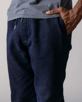 editorial image of the bottom cuffs on The Apres Pant in Rinsed Indigo Sashiko, Bottoms by Taylor Stitch