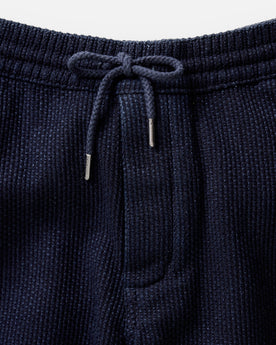 material shot of the waistband on The Apres Pant in Rinsed Indigo Sashiko, Bottoms by Taylor Stitch