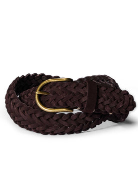 editorial image of The Braided Belt in Chocolate Suede rolled up, Accessories by Taylor Stitch