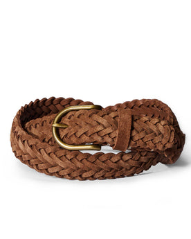 editorial image of The Braided Belt in Tan Suede rolled up, Accessories by Taylor Stitch