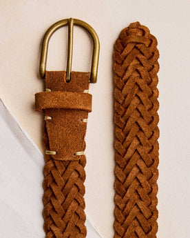 editorial image of the buckle and back of The Braided Belt in Tan Suede , Accessories by Taylor Stitch