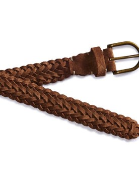 flatlay of the buckle and end of The Braided Belt in Tan Suede, Accessories by Taylor Stitch