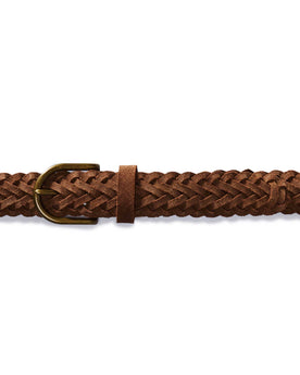 flatlay of The Braided Belt in Tan Suede buckled up, Accessories by Taylor Stitch