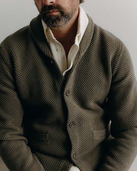 fit model showing off details on The Crawford Sweater in Fatigue Olive, Knits by Taylor Stitch