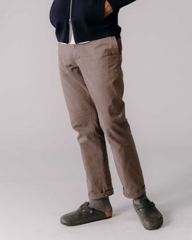 fit model posing in The Democratic Foundation Pant in Organic Espresso, Bottoms by Taylor Stitch