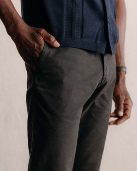 fit model showing off the back of The Democratic Foundation Pant in Organic Faded Black, Bottoms by Taylor Stitch