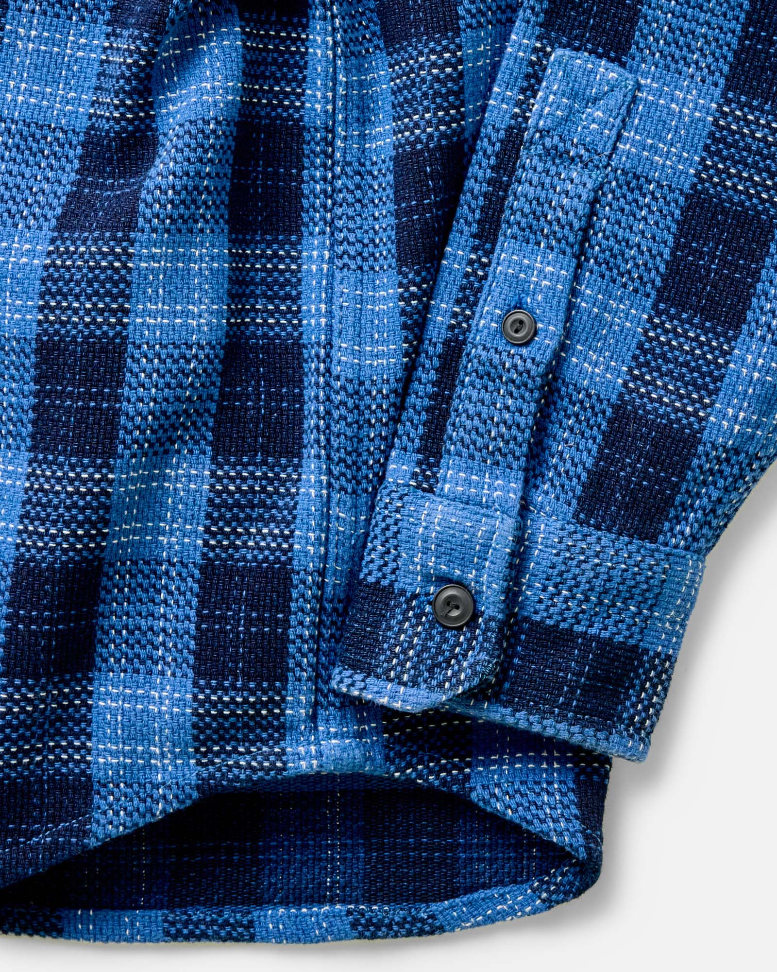 material shot of the collar on The Division Shirt in Rinsed Indigo Plaid, Wovens by Taylor Stitch