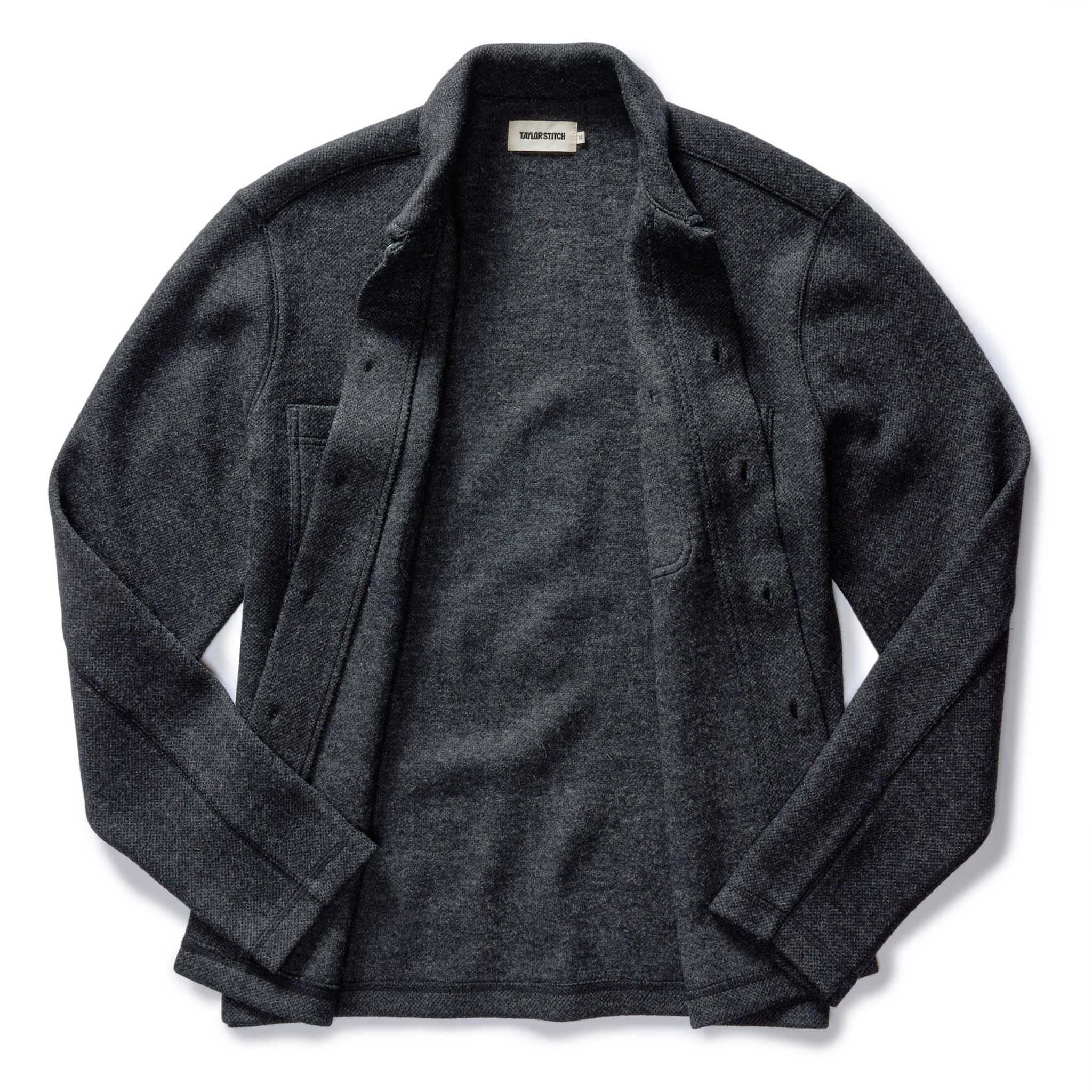 flatlay of The Evans Overshirt in Charcoal Birdseye Wool open, Wovens by Taylor Stitch