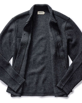 flatlay of The Evans Overshirt in Charcoal Birdseye Wool open, Wovens by Taylor Stitch