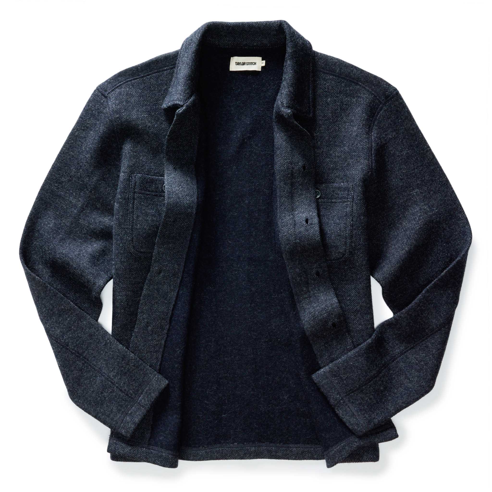 flatlay of The Evans Overshirt in Navy Birdseye Wool open, Wovens by Taylor Stitch