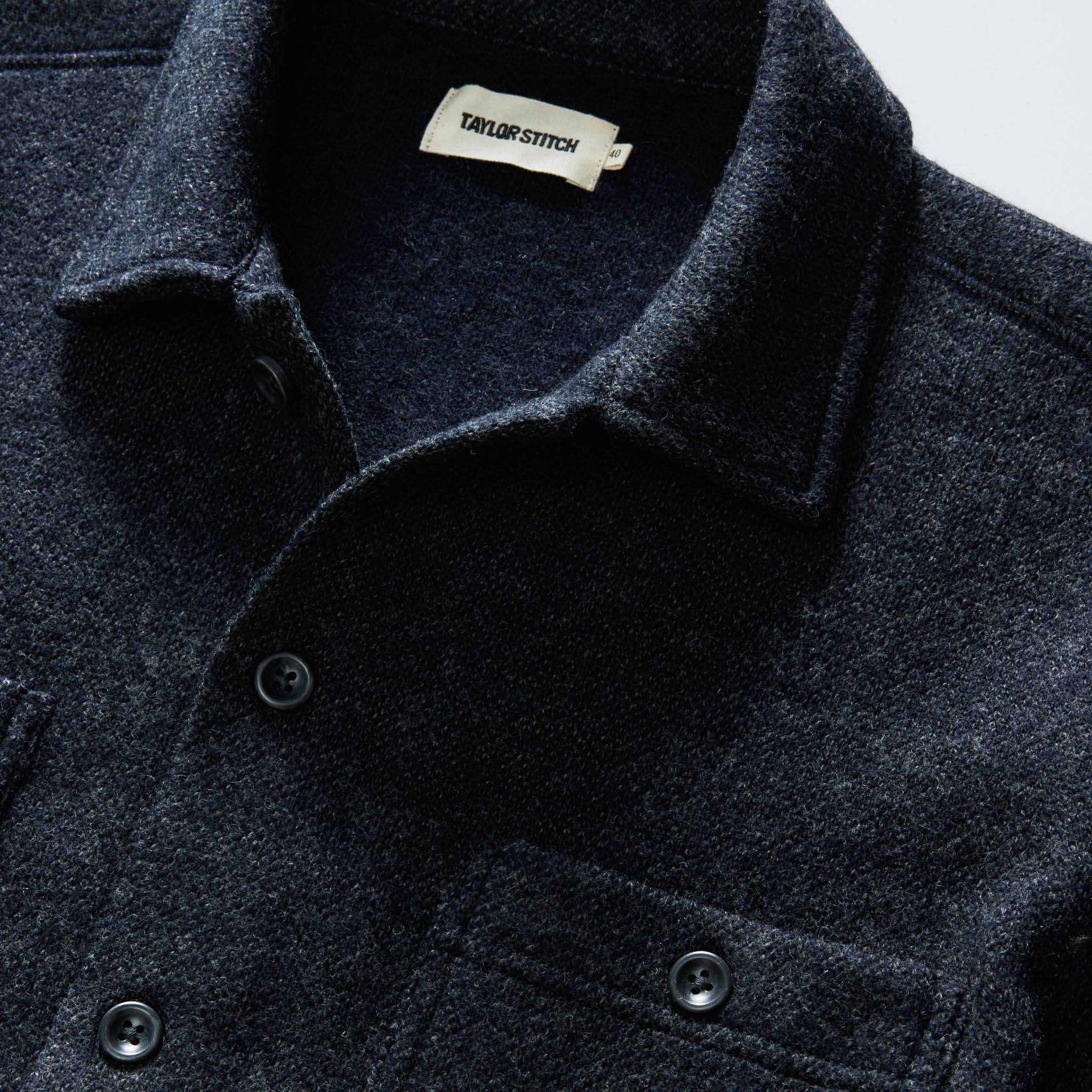material shot of the collar on The Evans Overshirt in Navy Birdseye Wool, Wovens by Taylor Stitch