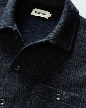 material shot of the collar on The Evans Overshirt in Navy Birdseye Wool, Wovens by Taylor Stitch