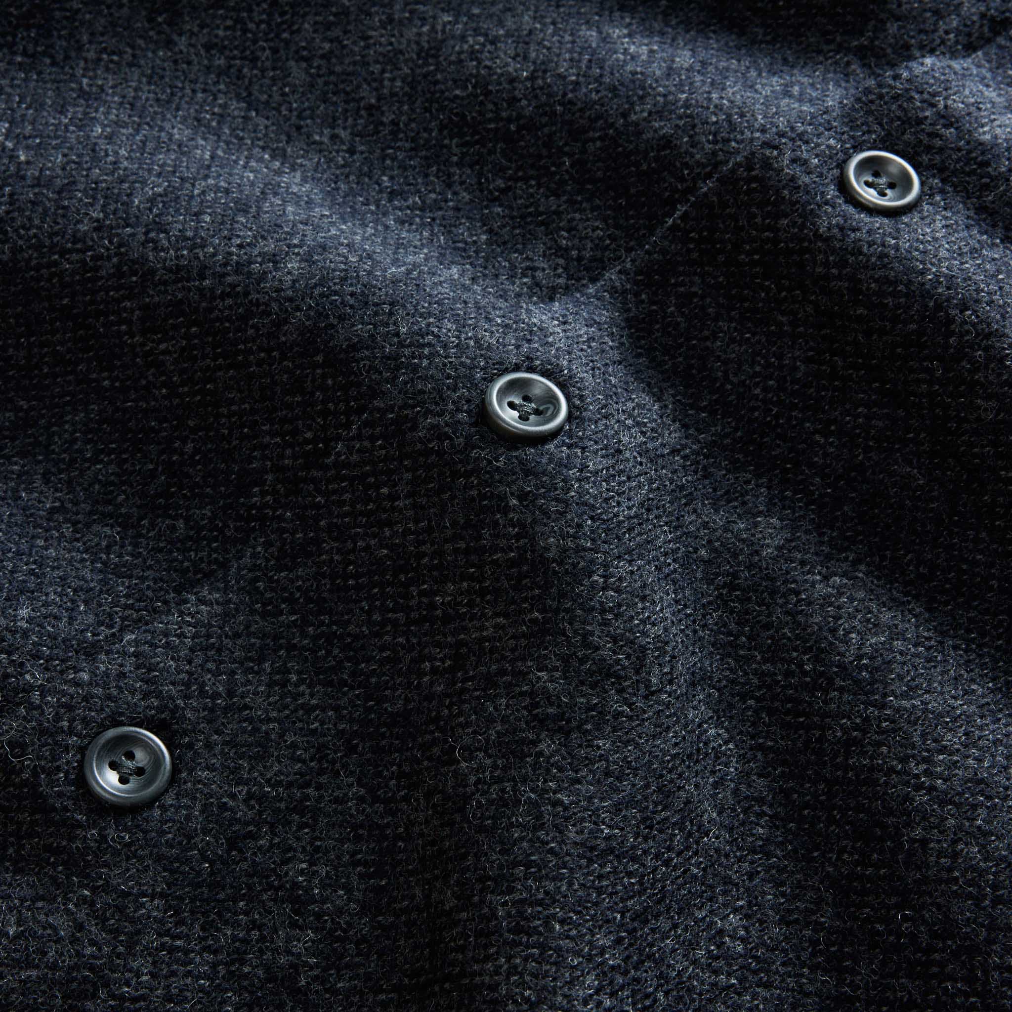 material shot of the buttons on The Evans Overshirt in Navy Birdseye Wool, Wovens by Taylor Stitch