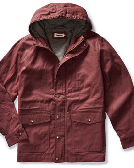 flatlay of The Explorer Jacket in Red Wine Dry Wax, Outerwear by Taylor Stitch
