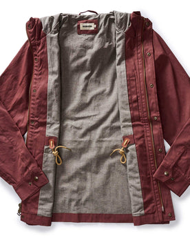 flatlay of The Explorer Jacket in Red Wine Dry Wax open, Outerwear by Taylor Stitch