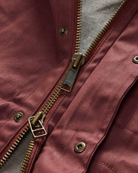 material shot of the zipper on The Explorer Jacket in Red Wine Dry Wax, Outerwear by Taylor Stitch