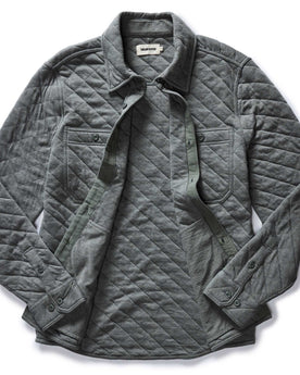 flatlay of The Fall Line Overshirt in Heather Ash Quilted Jersey open, Wovens by Taylor Stitch