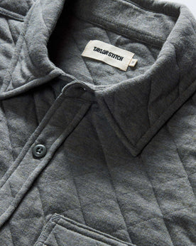 material shot of the collar on The Fall Line Overshirt in Heather Ash Quilted Jersey, Wovens by Taylor Stitch