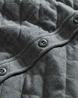 material shot of the buttons on The Fall Line Overshirt in Heather Ash Quilted Jersey, Wovens by Taylor Stitch