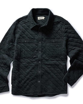 flatlay of The Fall Line Overshirt in Heather Coal Quilted Jersey, Wovens by Taylor Stitch