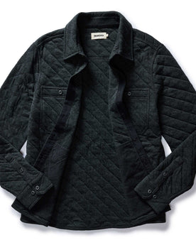 flatlay of The Fall Line Overshirt in Heather Coal Quilted Jersey open, Wovens by Taylor Stitch