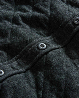 material shot of the buttons on The Fall Line Overshirt in Heather Coal Quilted Jersey, Wovens by Taylor Stitch