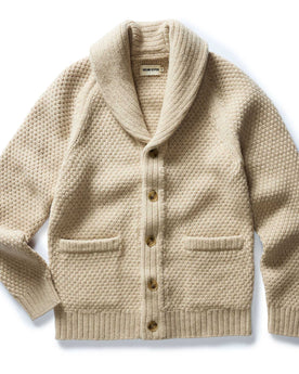 flatlay of The Fisherman Shawl Cardigan in Heather Oat Merino, Knits by Taylor Stitch