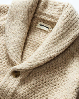 material shot of the collar on The Fisherman Shawl Cardigan in Heather Oat Merino, Knits by Taylor Stitch