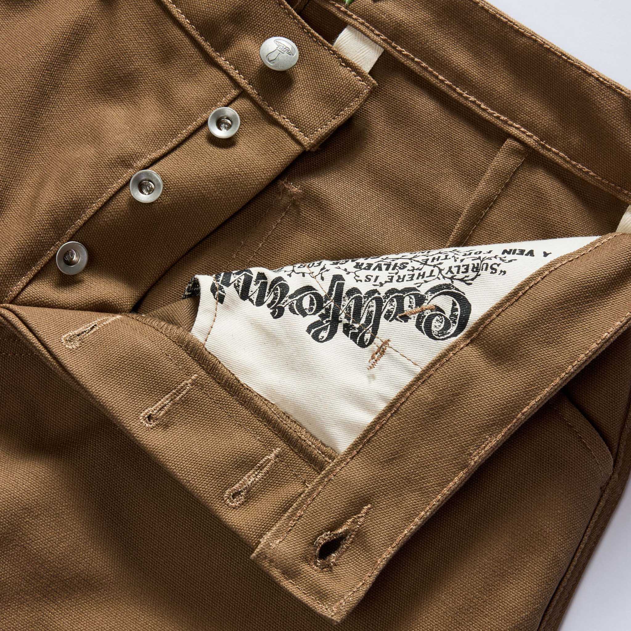 material shot of the button fly on The Good Acre Chore Pant in Tan Canvas, Bottoms by Taylor Stitch